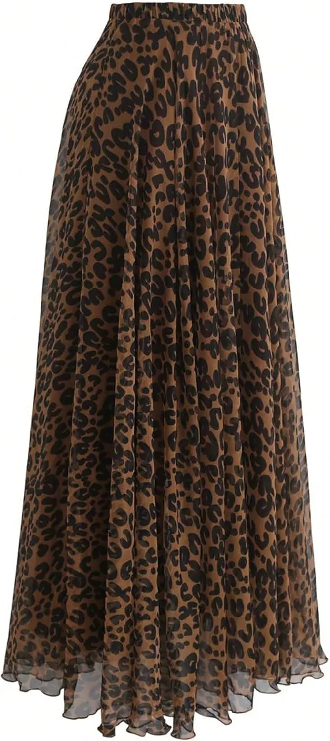 WDIRARA Women's Leopard Print Maxi Skirt High Waisted Flowy Shirring A Line Long Skirts