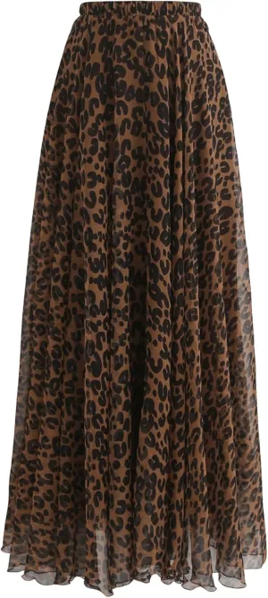 WDIRARA Women's Leopard Print Maxi Skirt High Waisted Flowy Shirring A Line Long Skirts