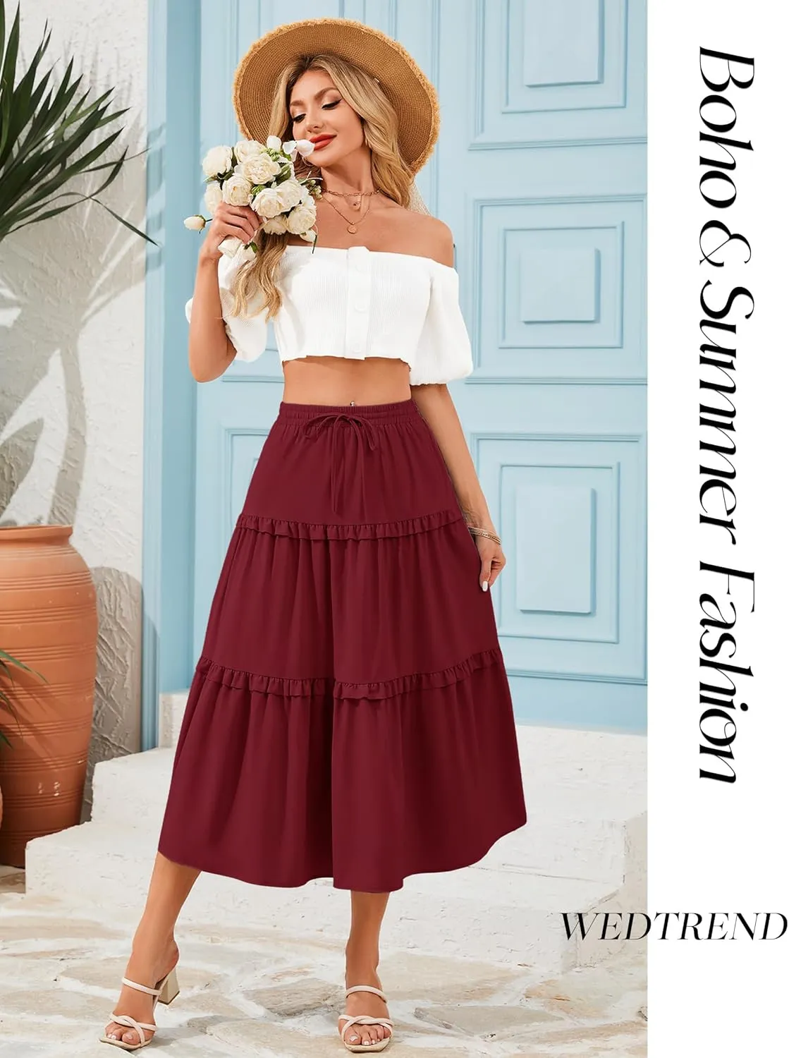 Wedtrend Women's Summer Midi Skirt Tiered Boho Skirts Flowy Skirt Casual Beach Long Skirts