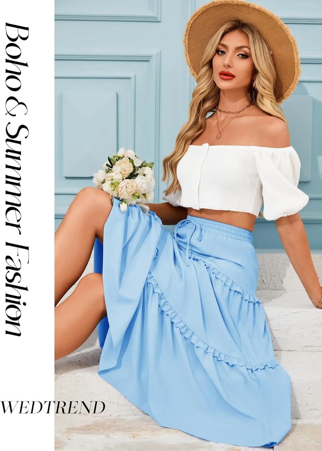 Wedtrend Women's Summer Midi Skirt Tiered Boho Skirts Flowy Skirt Casual Beach Long Skirts