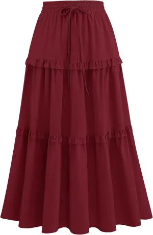 Wedtrend Women's Summer Midi Skirt Tiered Boho Skirts Flowy Skirt Casual Beach Long Skirts