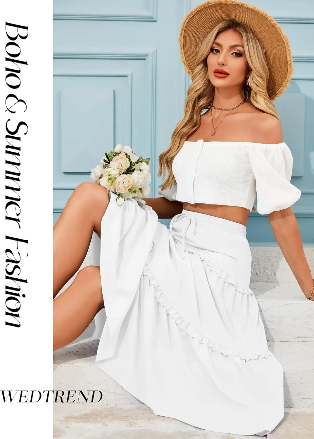 Wedtrend Women's Summer Midi Skirt Tiered Boho Skirts Flowy Skirt Casual Beach Long Skirts