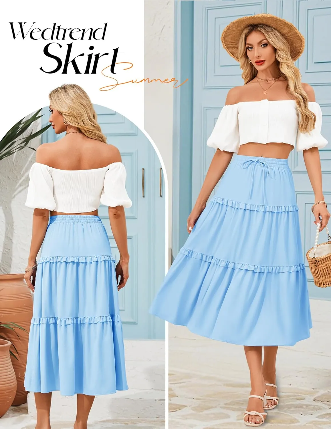 Wedtrend Women's Summer Midi Skirt Tiered Boho Skirts Flowy Skirt Casual Beach Long Skirts