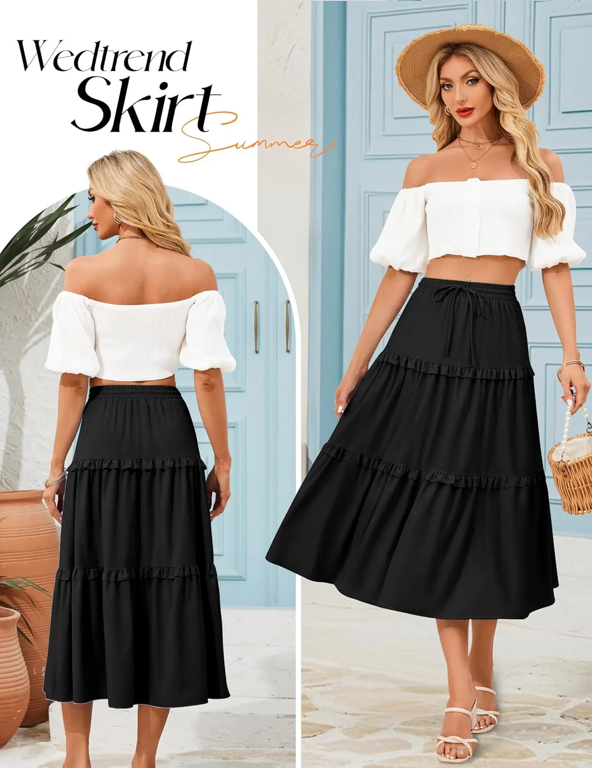 Wedtrend Women's Summer Midi Skirt Tiered Boho Skirts Flowy Skirt Casual Beach Long Skirts