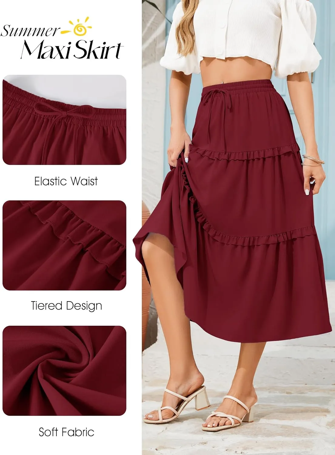 Wedtrend Women's Summer Midi Skirt Tiered Boho Skirts Flowy Skirt Casual Beach Long Skirts