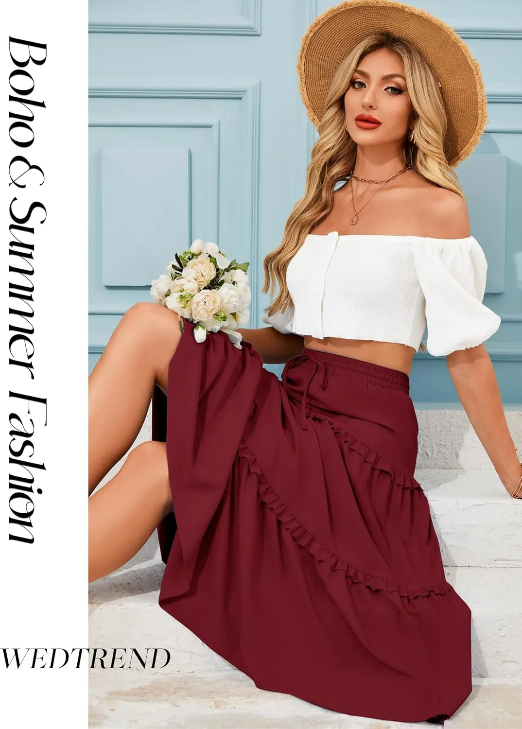 Wedtrend Women's Summer Midi Skirt Tiered Boho Skirts Flowy Skirt Casual Beach Long Skirts