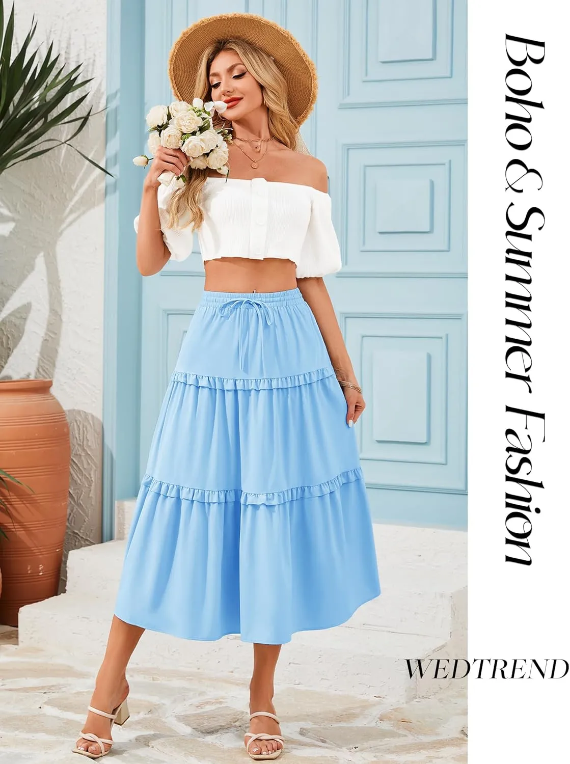 Wedtrend Women's Summer Midi Skirt Tiered Boho Skirts Flowy Skirt Casual Beach Long Skirts