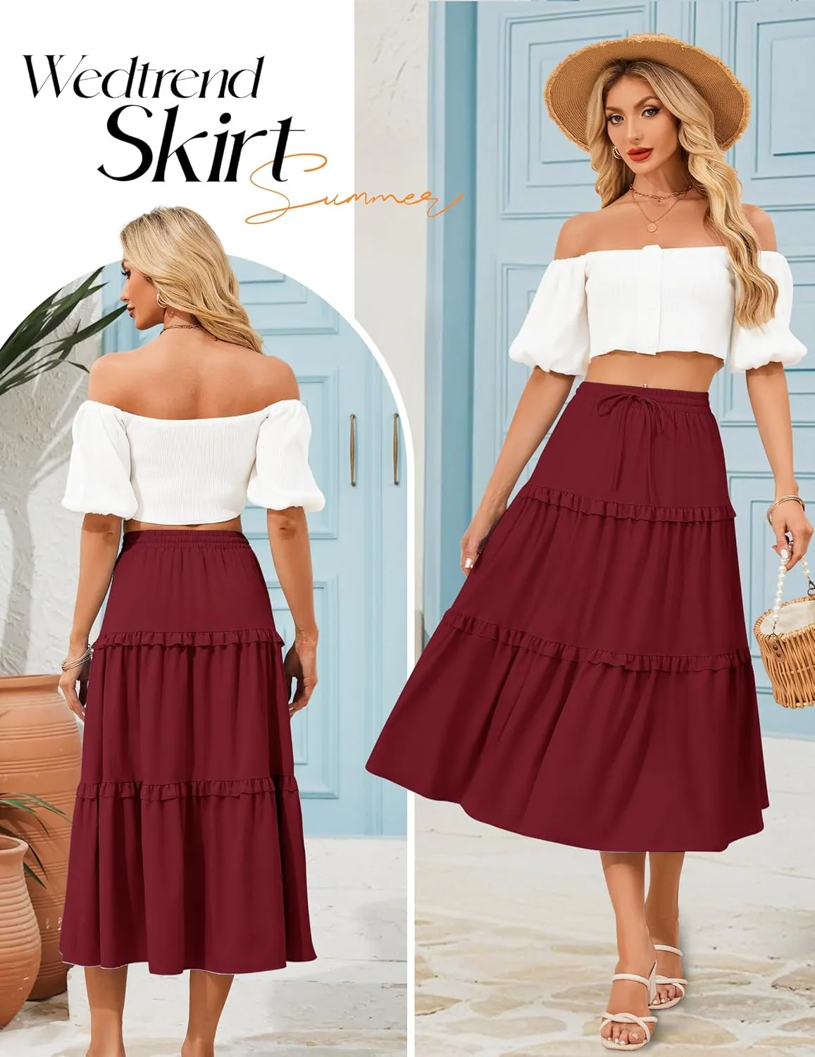 Wedtrend Women's Summer Midi Skirt Tiered Boho Skirts Flowy Skirt Casual Beach Long Skirts