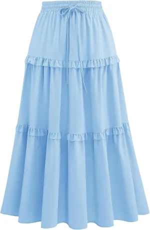 Wedtrend Women's Summer Midi Skirt Tiered Boho Skirts Flowy Skirt Casual Beach Long Skirts