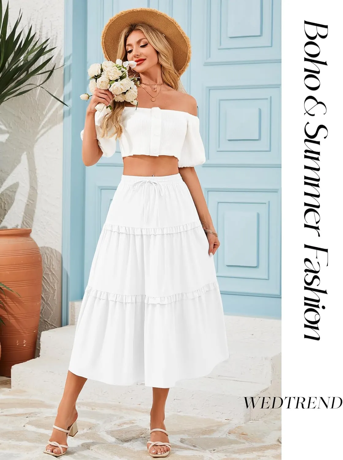 Wedtrend Women's Summer Midi Skirt Tiered Boho Skirts Flowy Skirt Casual Beach Long Skirts
