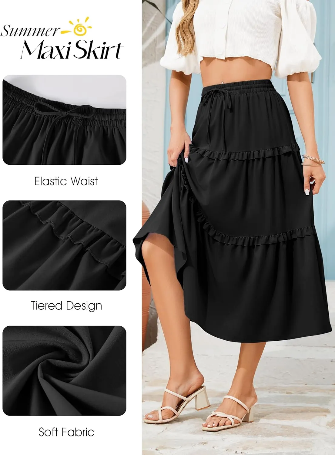 Wedtrend Women's Summer Midi Skirt Tiered Boho Skirts Flowy Skirt Casual Beach Long Skirts
