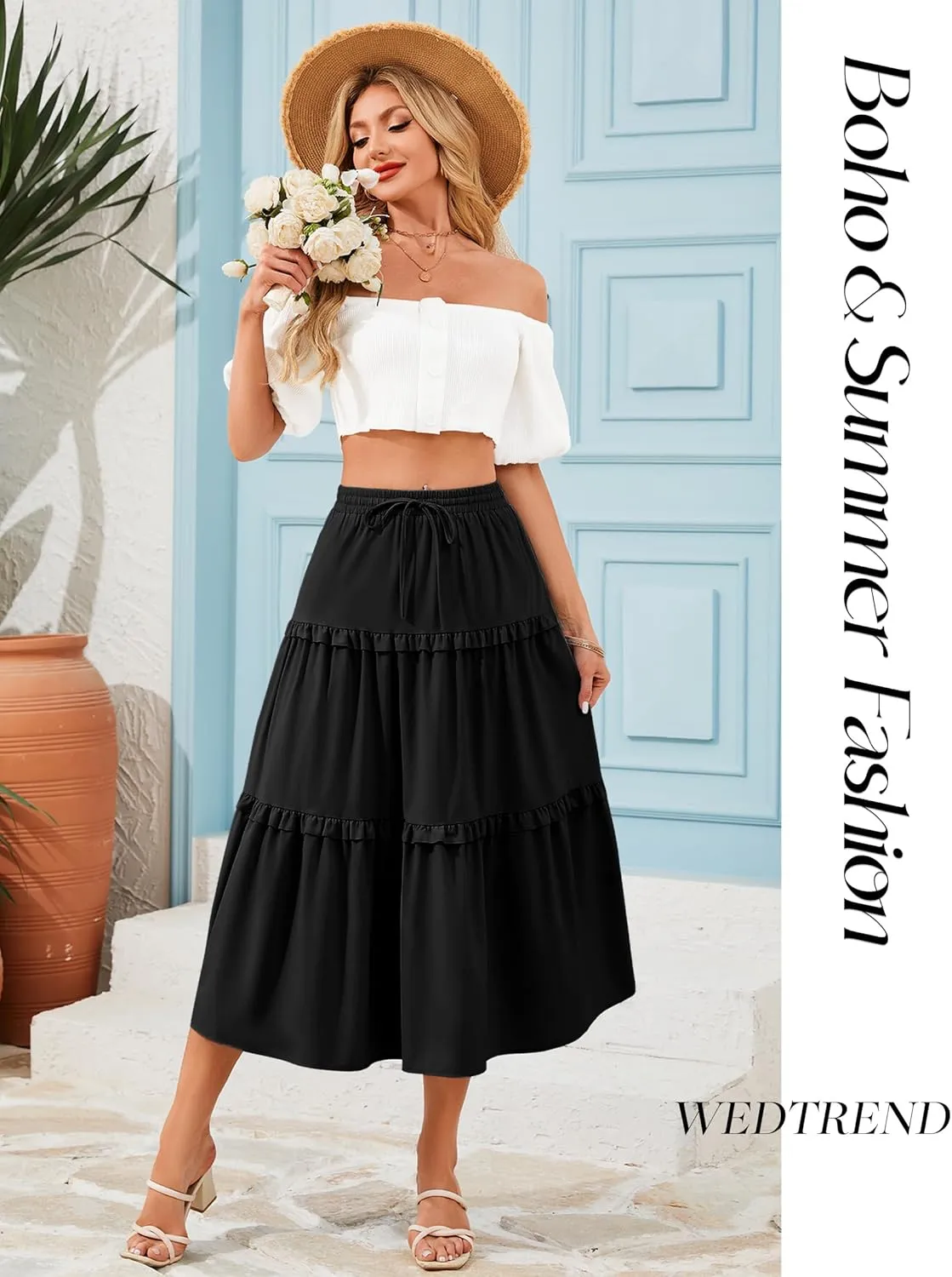 Wedtrend Women's Summer Midi Skirt Tiered Boho Skirts Flowy Skirt Casual Beach Long Skirts