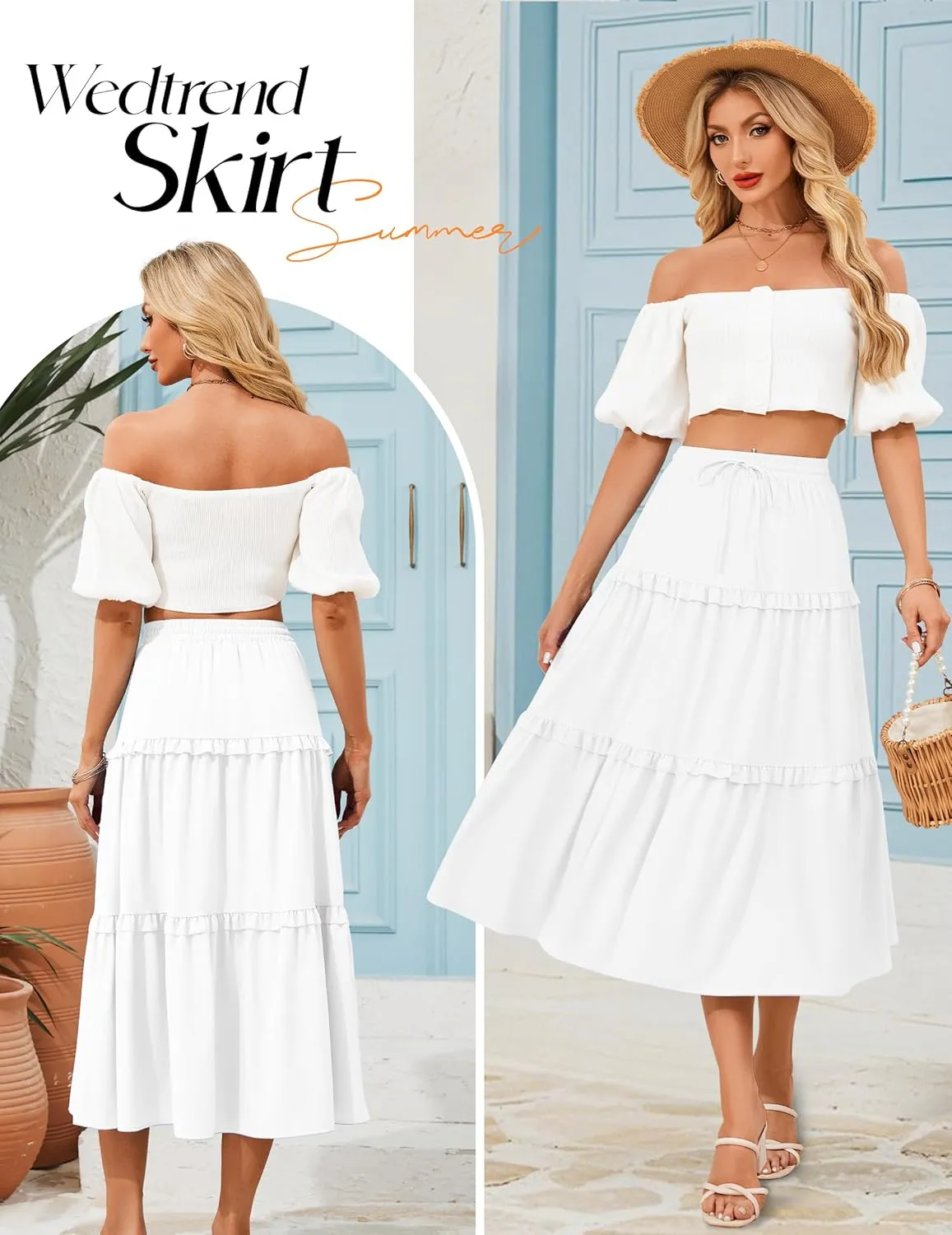 Wedtrend Women's Summer Midi Skirt Tiered Boho Skirts Flowy Skirt Casual Beach Long Skirts