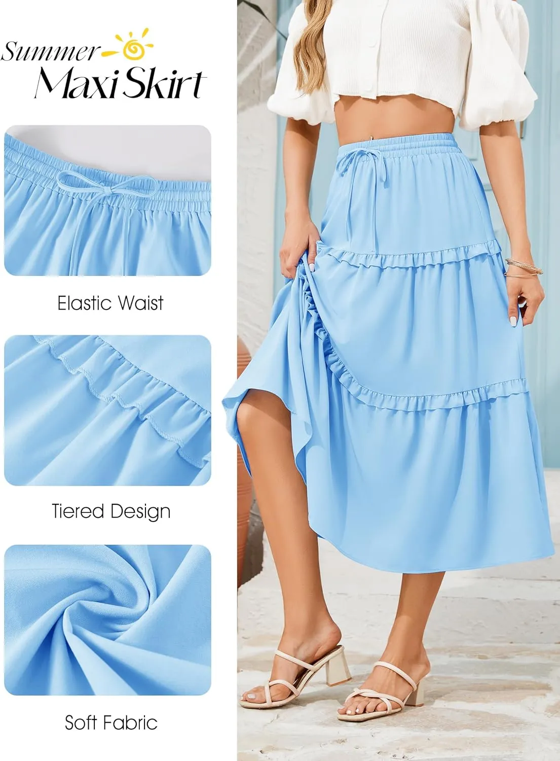 Wedtrend Women's Summer Midi Skirt Tiered Boho Skirts Flowy Skirt Casual Beach Long Skirts
