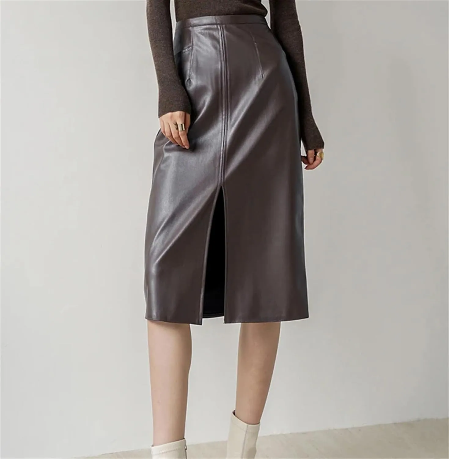 Women Brown Soft Pu Leather Midi Skirt Fashion Front Slit High Waist Knee Length Slim Pencil Skirts