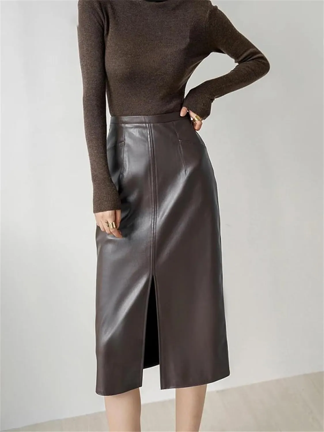 Women Brown Soft Pu Leather Midi Skirt Fashion Front Slit High Waist Knee Length Slim Pencil Skirts