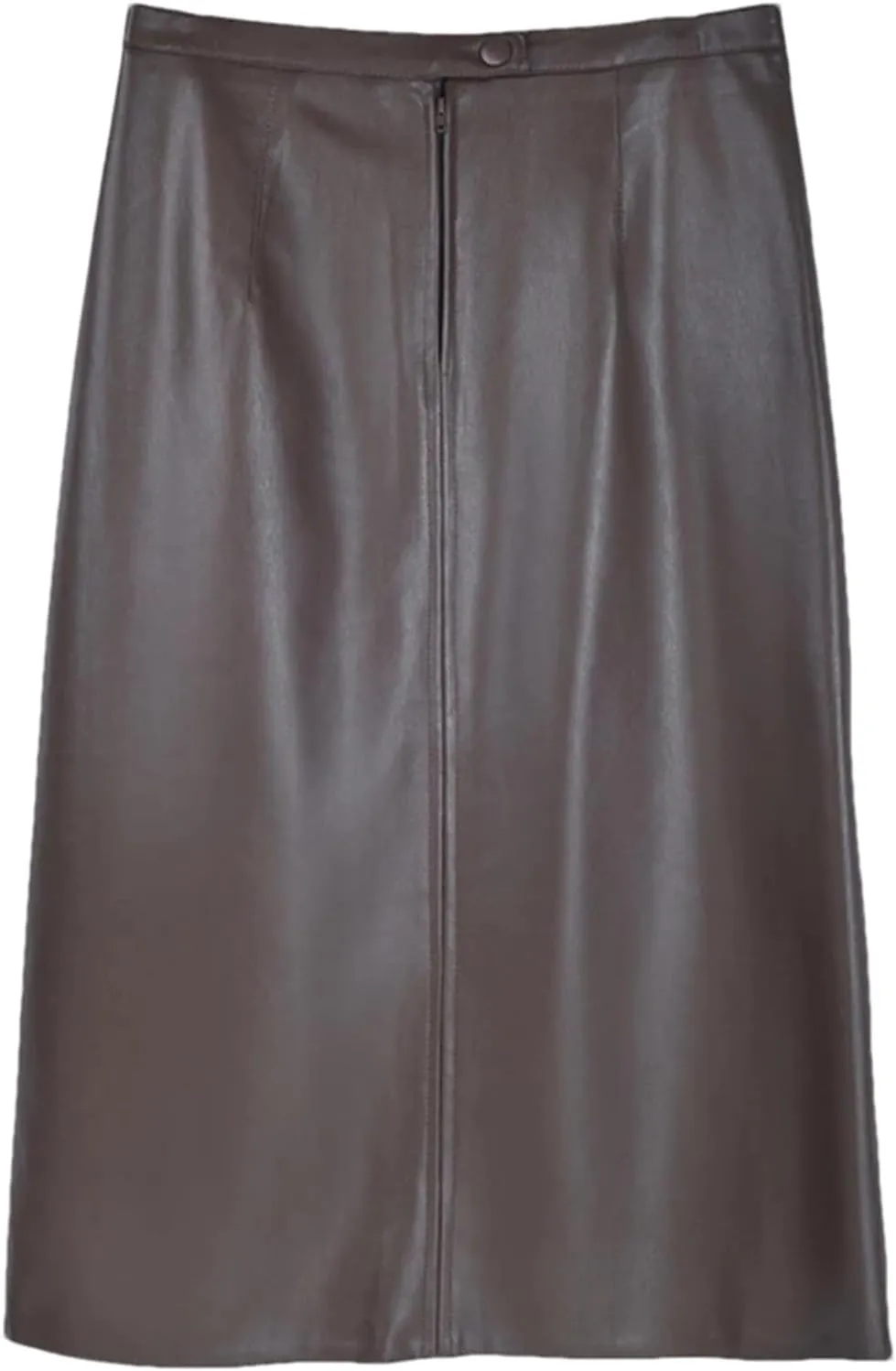 Women Brown Soft Pu Leather Midi Skirt Fashion Front Slit High Waist Knee Length Slim Pencil Skirts