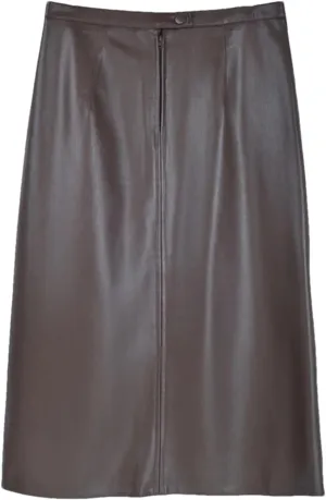 Women Brown Soft Pu Leather Midi Skirt Fashion Front Slit High Waist Knee Length Slim Pencil Skirts