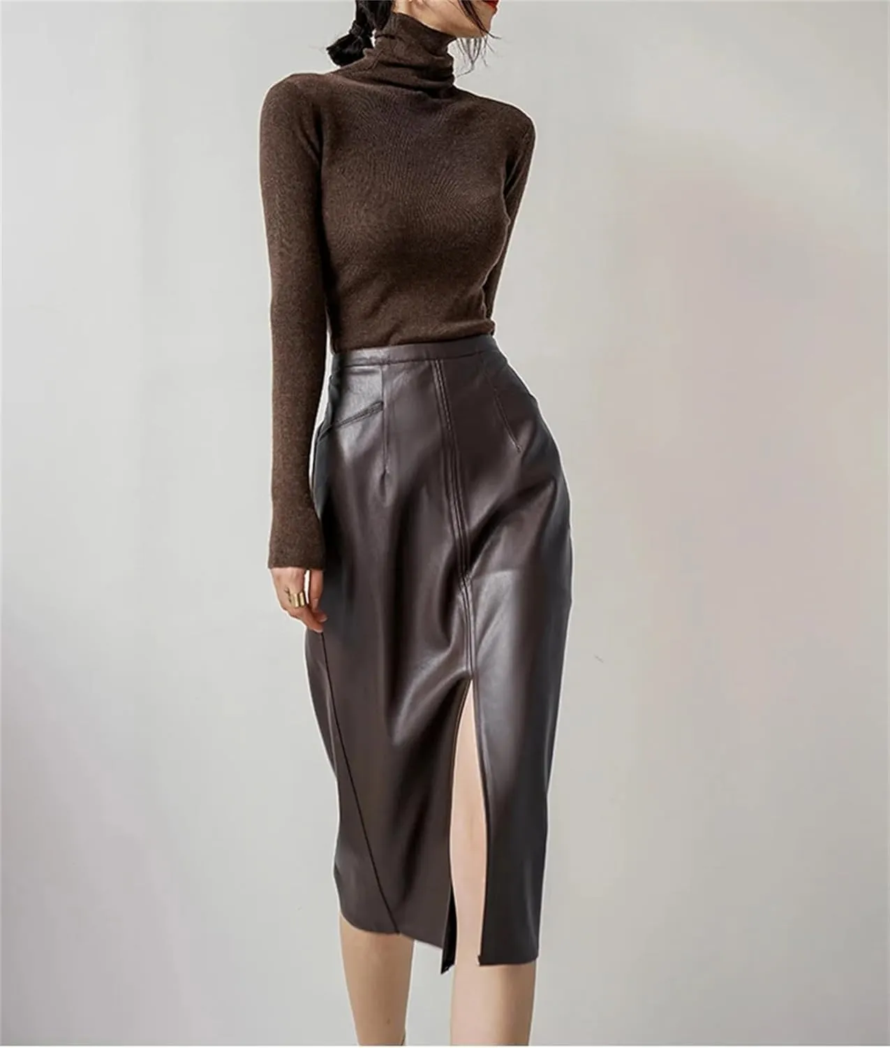 Women Brown Soft Pu Leather Midi Skirt Fashion Front Slit High Waist Knee Length Slim Pencil Skirts