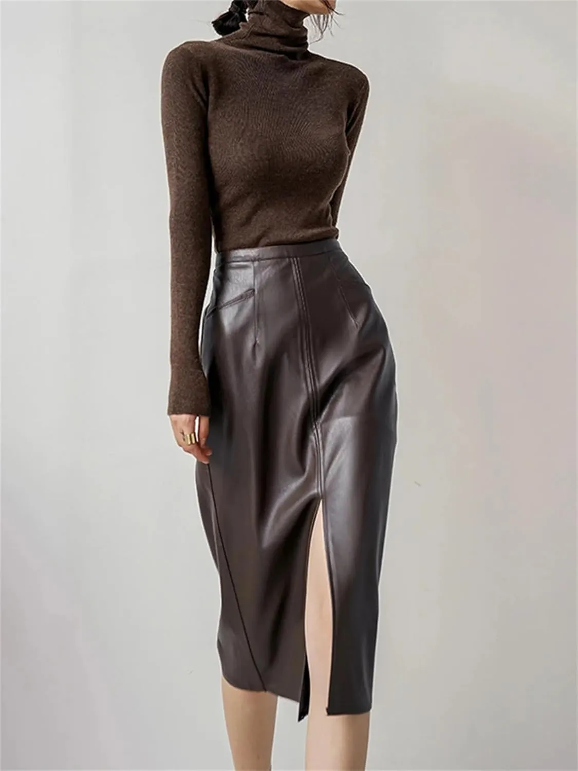 Women Brown Soft Pu Leather Midi Skirt Fashion Front Slit High Waist Knee Length Slim Pencil Skirts