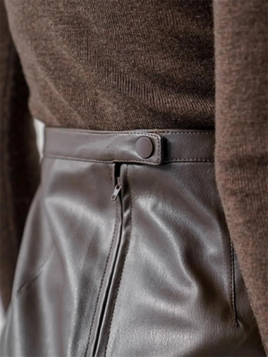 Women Brown Soft Pu Leather Midi Skirt Fashion Front Slit High Waist Knee Length Slim Pencil Skirts