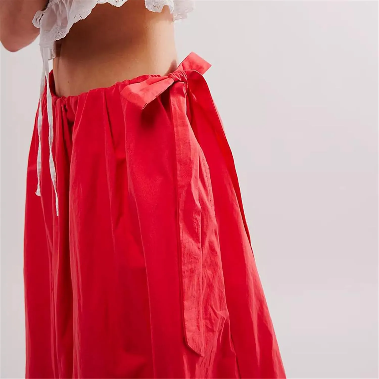 Women Bubble Maxi Skirt Casual Elastic Low Waist Flowy Summer Fashion A Line Long Skirt with Pocket