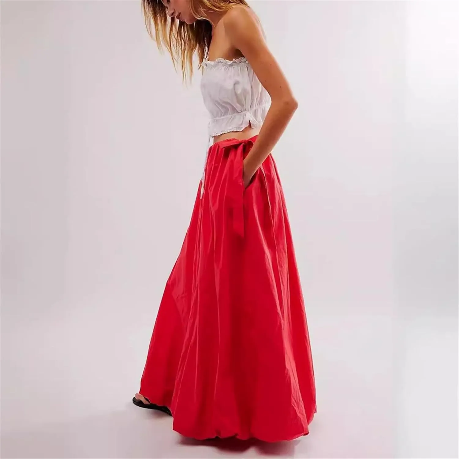 Women Bubble Maxi Skirt Casual Elastic Low Waist Flowy Summer Fashion A Line Long Skirt with Pocket