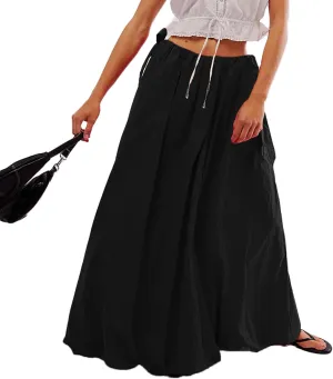 Women Bubble Maxi Skirt Casual Elastic Low Waist Flowy Summer Fashion A Line Long Skirt with Pocket