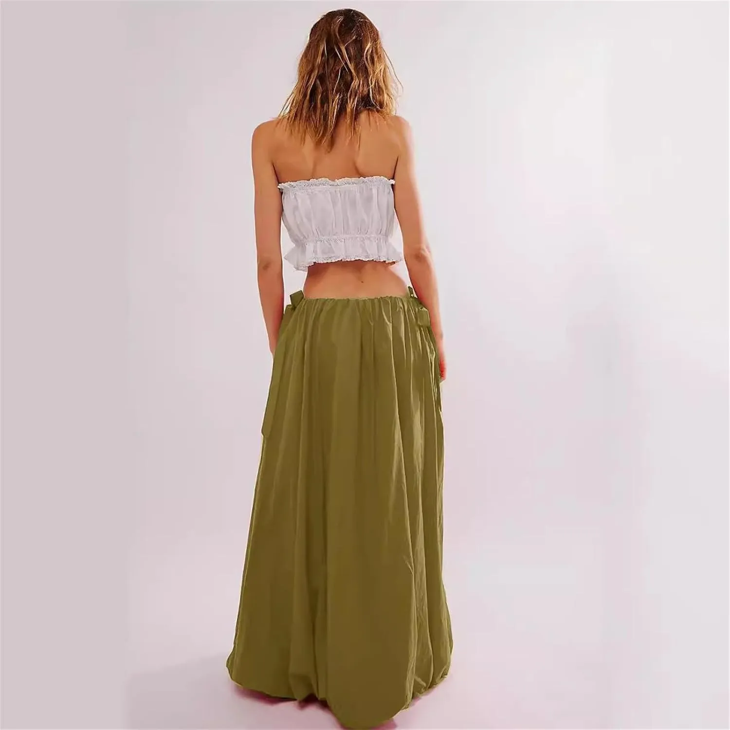Women Bubble Maxi Skirt Casual Elastic Low Waist Flowy Summer Fashion A Line Long Skirt with Pocket