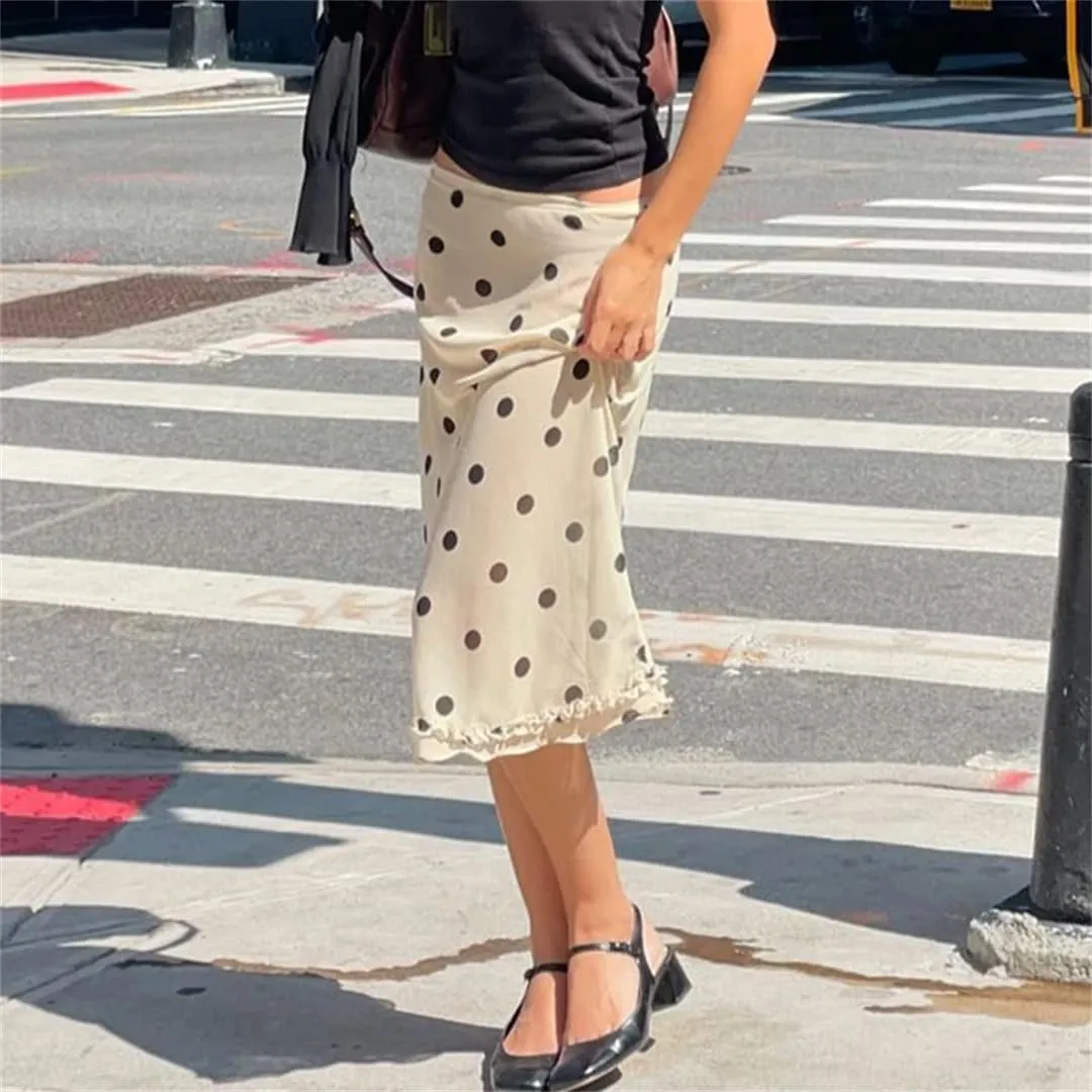 Women Dot Print Midi-Calf Skirt Y2K Low Waist Straight Skirts French Style Ruched Edge Hem Pencil Skirts