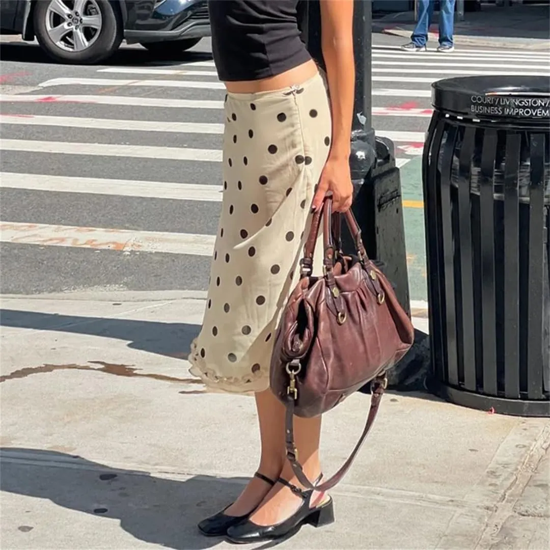 Women Dot Print Midi-Calf Skirt Y2K Low Waist Straight Skirts French Style Ruched Edge Hem Pencil Skirts