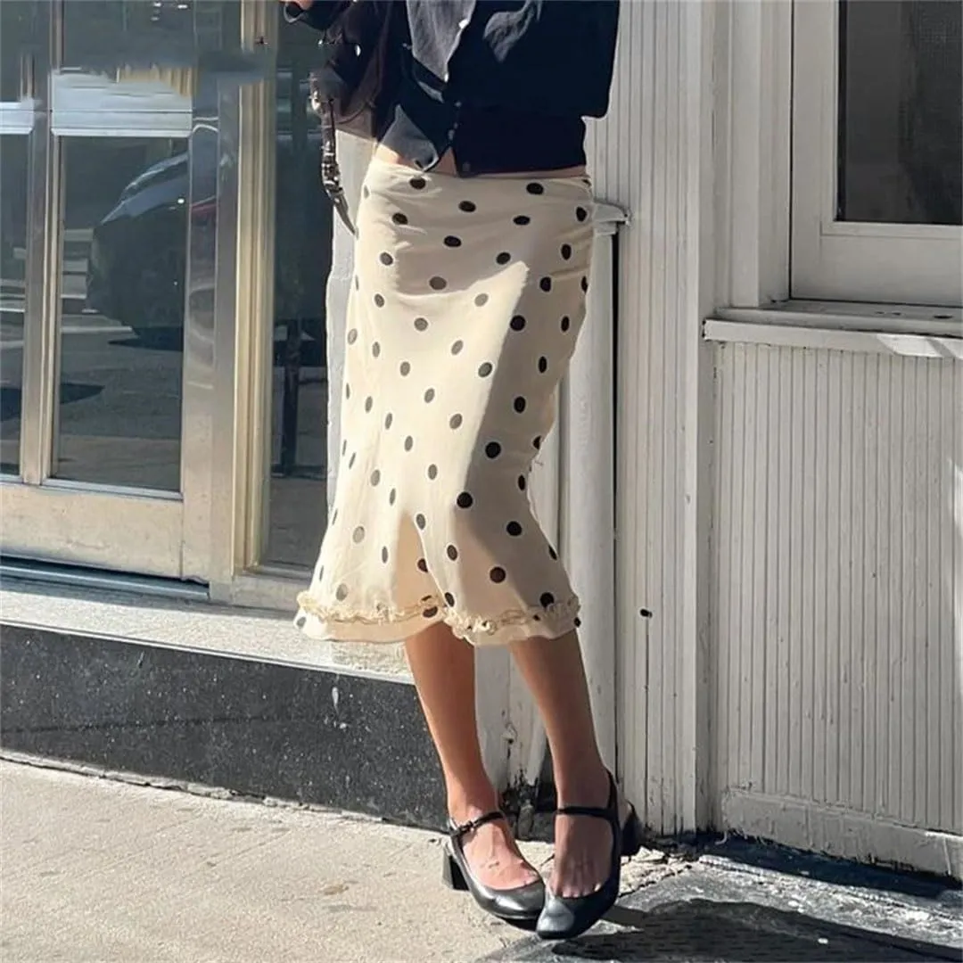 Women Dot Print Midi-Calf Skirt Y2K Low Waist Straight Skirts French Style Ruched Edge Hem Pencil Skirts