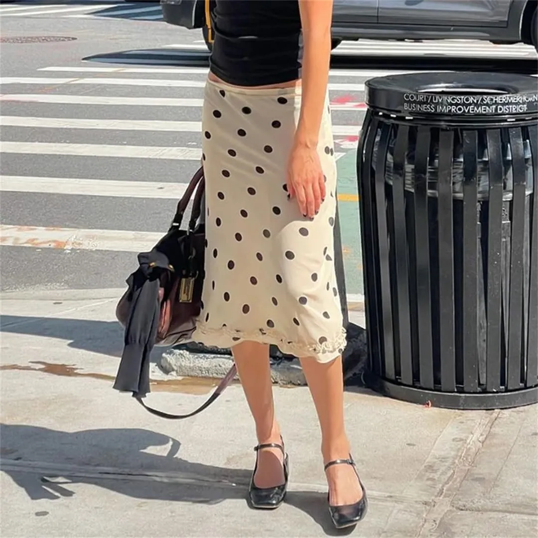 Women Dot Print Midi-Calf Skirt Y2K Low Waist Straight Skirts French Style Ruched Edge Hem Pencil Skirts