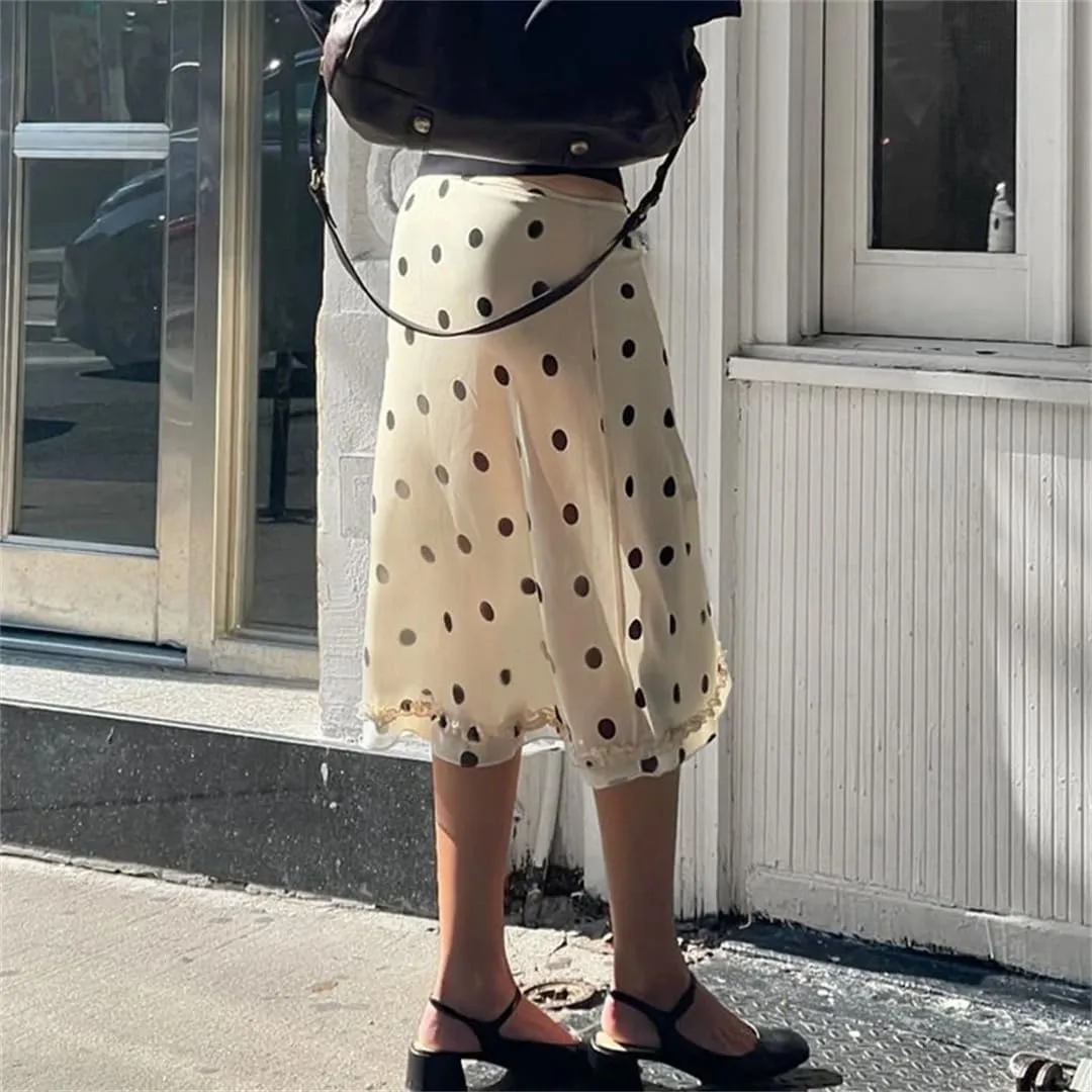 Women Dot Print Midi-Calf Skirt Y2K Low Waist Straight Skirts French Style Ruched Edge Hem Pencil Skirts