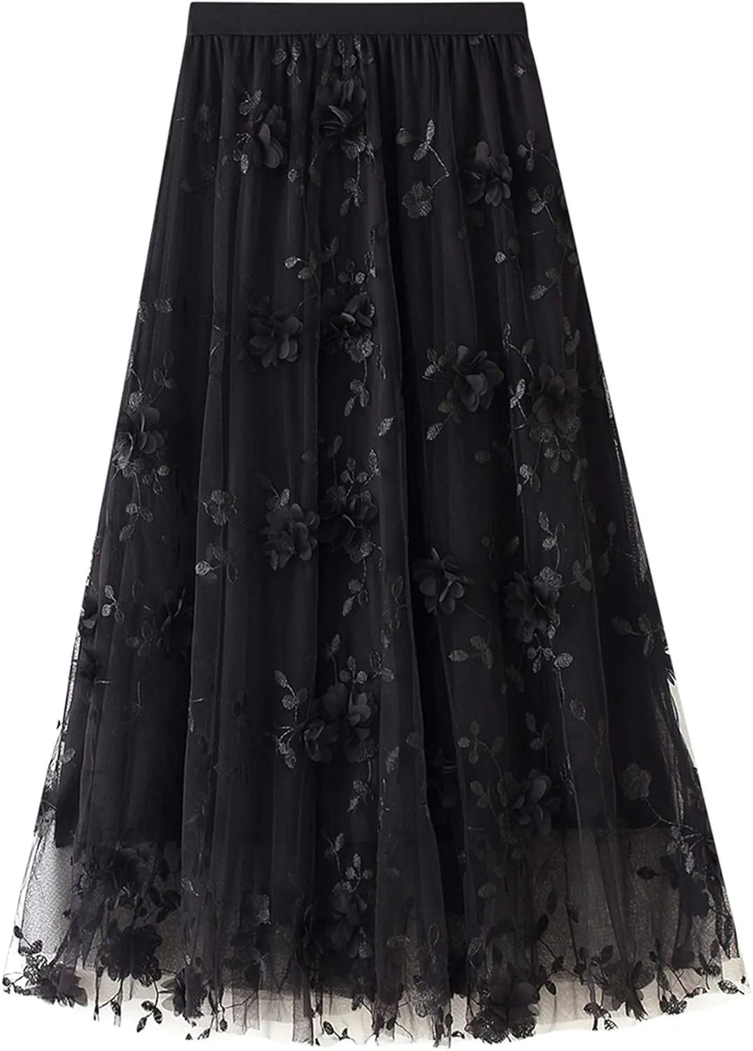 Women Elastic Waist Tulle Midi Skirt High Waist 3D Floral Print Mesh A Line Maxi Skirts