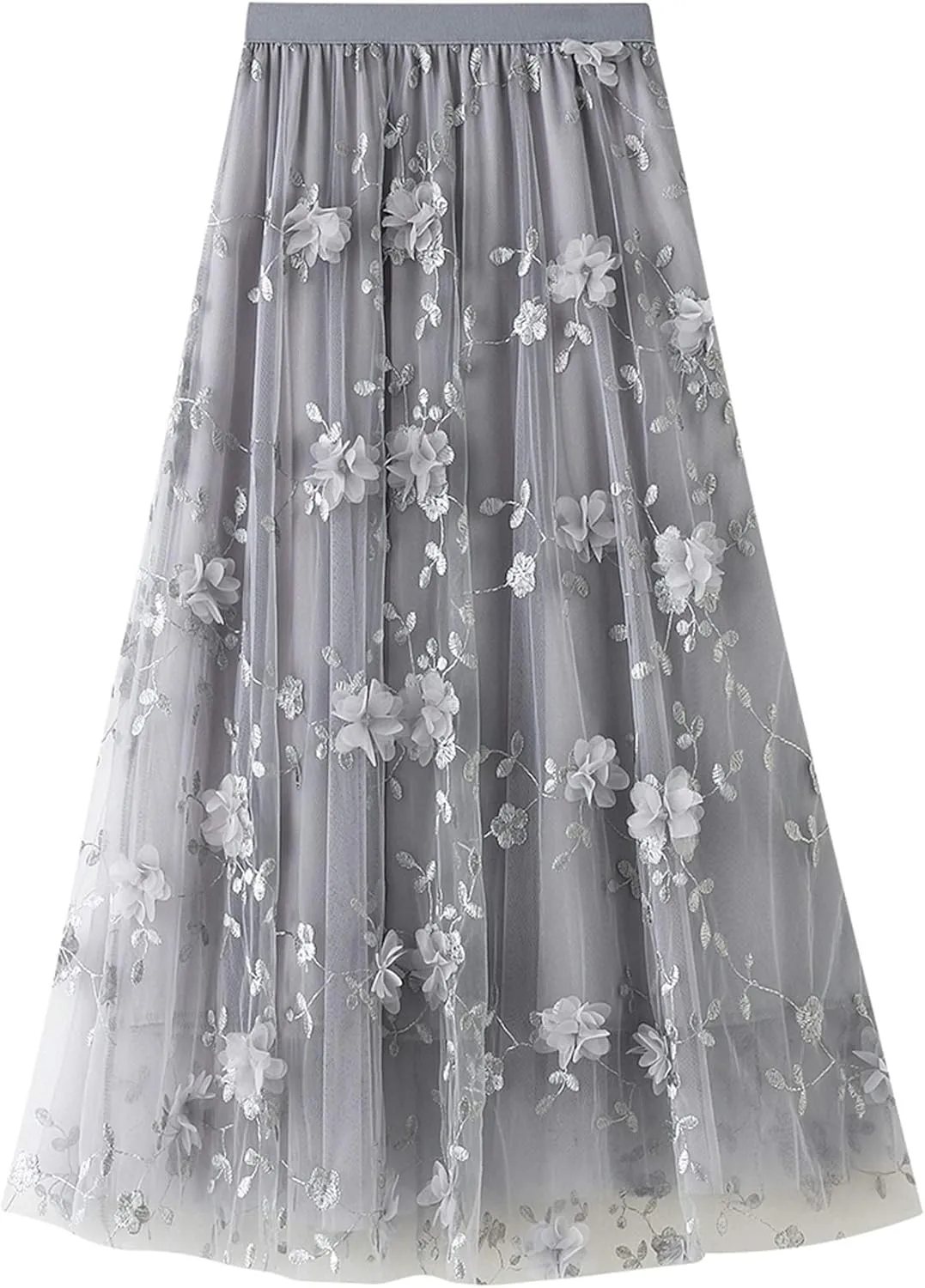 Women Elastic Waist Tulle Midi Skirt High Waist 3D Floral Print Mesh A Line Maxi Skirts