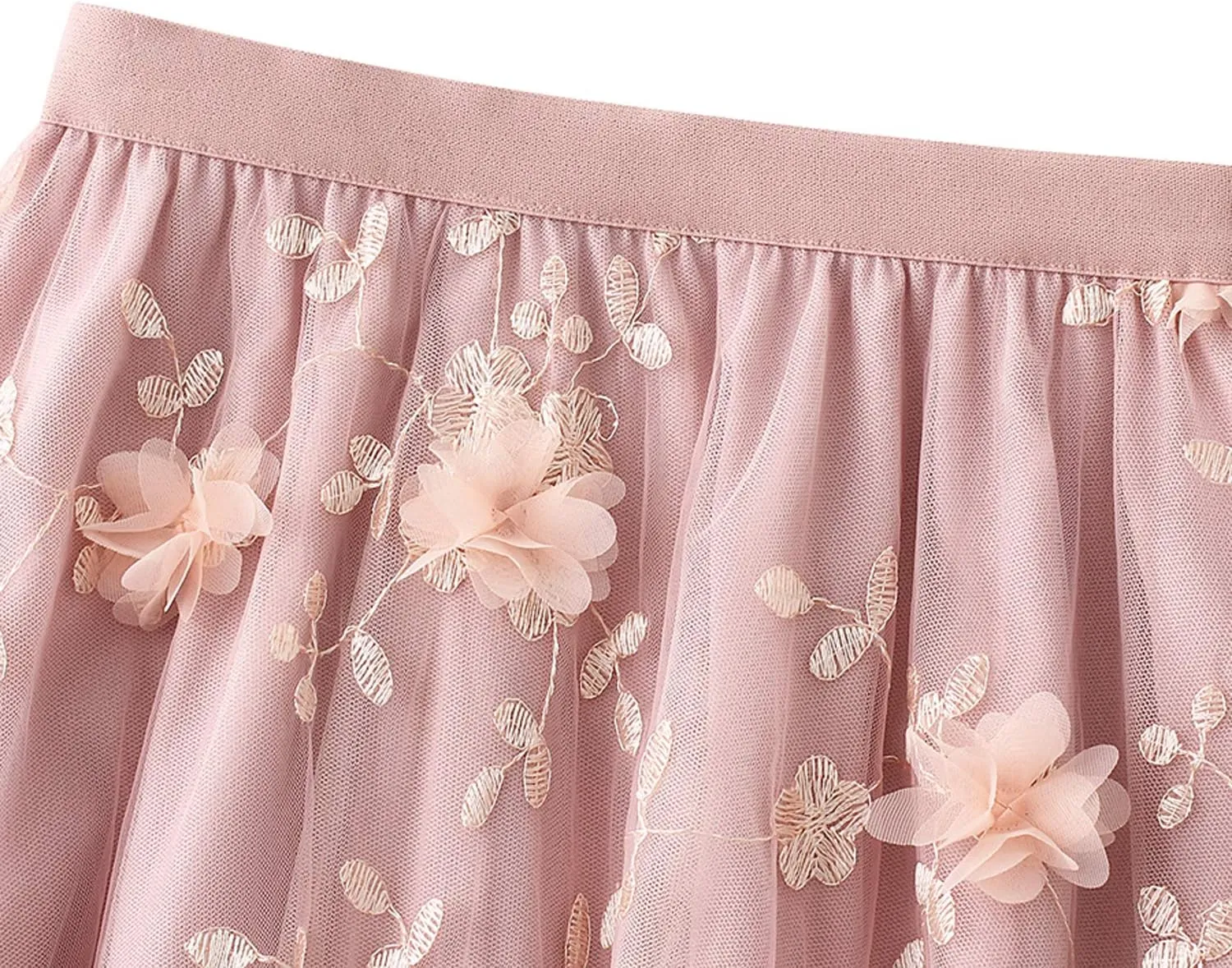 Women Elastic Waist Tulle Midi Skirt High Waist 3D Floral Print Mesh A Line Maxi Skirts