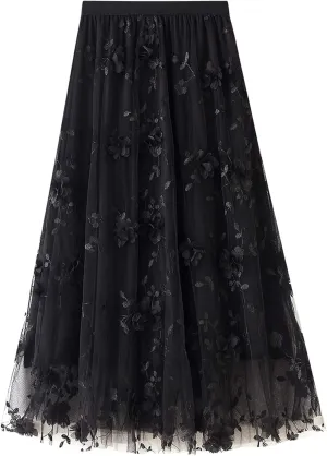Women Elastic Waist Tulle Midi Skirt High Waist 3D Floral Print Mesh A Line Maxi Skirts
