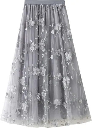 Women Elastic Waist Tulle Midi Skirt High Waist 3D Floral Print Mesh A Line Maxi Skirts