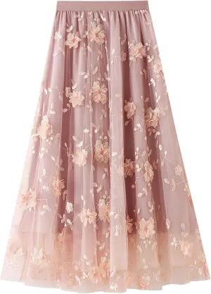 Women Elastic Waist Tulle Midi Skirt High Waist 3D Floral Print Mesh A Line Maxi Skirts