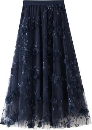 Women Elastic Waist Tulle Midi Skirt High Waist 3D Floral Print Mesh A Line Maxi Skirts
