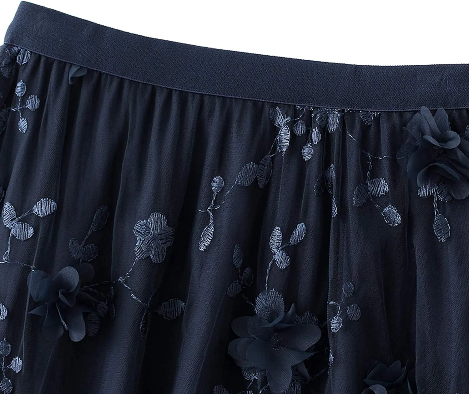 Women Elastic Waist Tulle Midi Skirt High Waist 3D Floral Print Mesh A Line Maxi Skirts