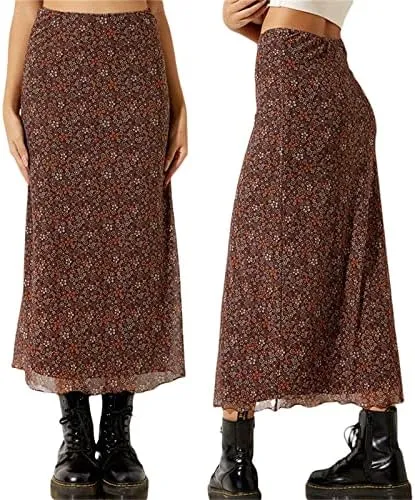 Women Fairy Grunge Midi Skirt Vintage Boho Elastic High Waist A Line Printed Maxi Skirt 90s E-Girls Streetwear
