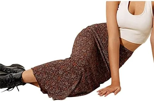 Women Fairy Grunge Midi Skirt Vintage Boho Elastic High Waist A Line Printed Maxi Skirt 90s E-Girls Streetwear