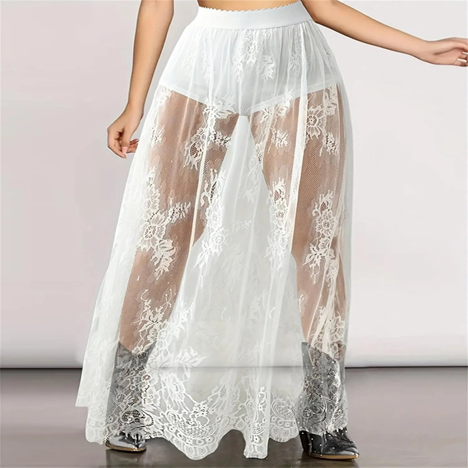 Women Floral Lace Long Skirts Sheer Mesh High Waist Solid Color See-Through Party Midi Skirts with Built-in Shorts