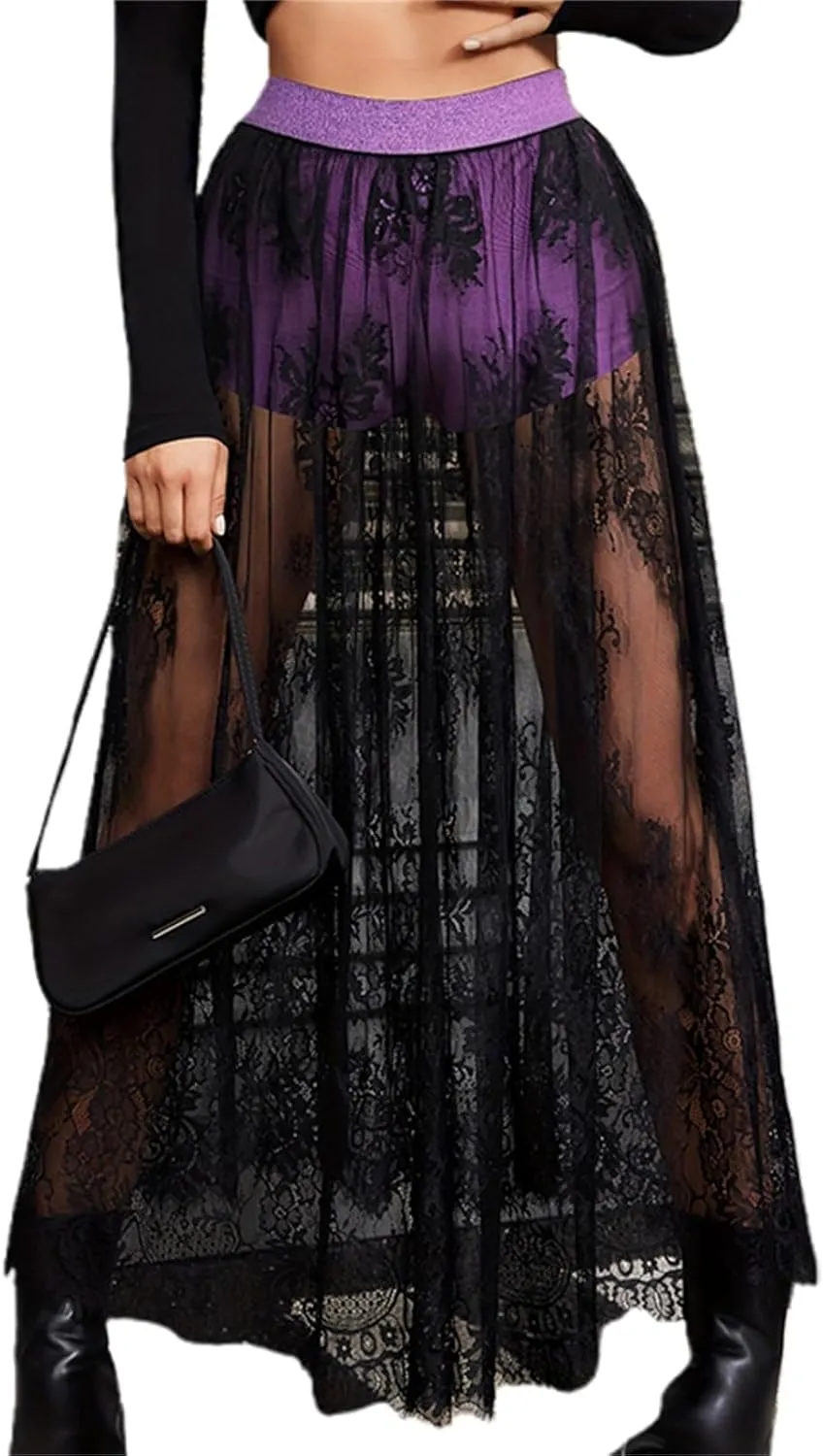 Women Floral Lace Long Skirts Sheer Mesh High Waist Solid Color See-Through Party Midi Skirts with Built-in Shorts