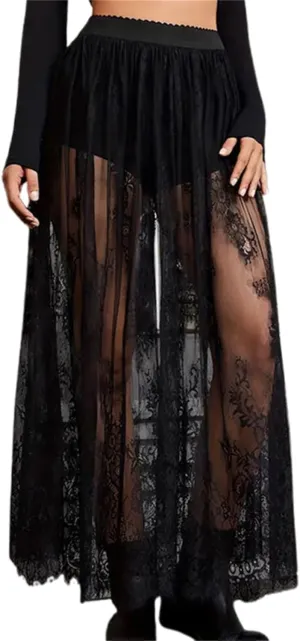 Women Floral Lace Long Skirts Sheer Mesh High Waist Solid Color See-Through Party Midi Skirts with Built-in Shorts