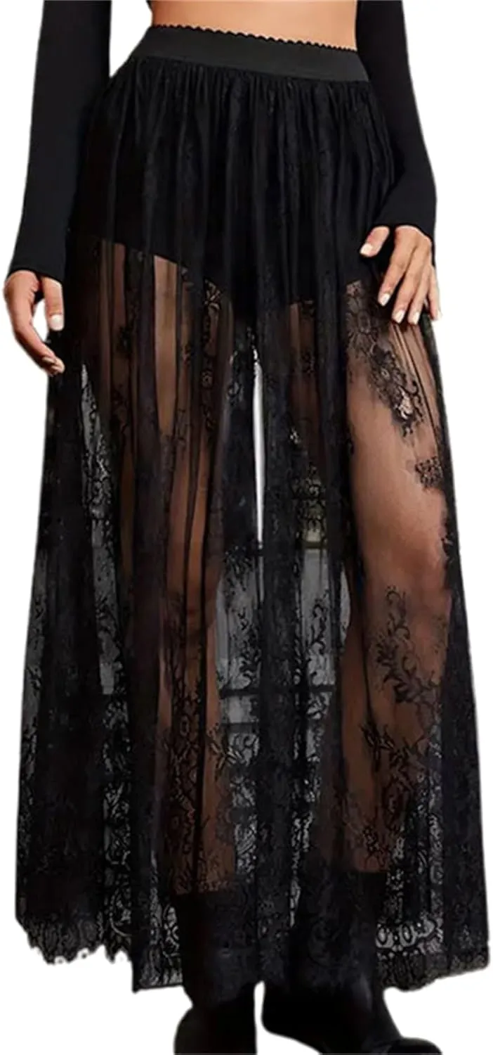 Women Floral Lace Long Skirts Sheer Mesh High Waist Solid Color See-Through Party Midi Skirts with Built-in Shorts