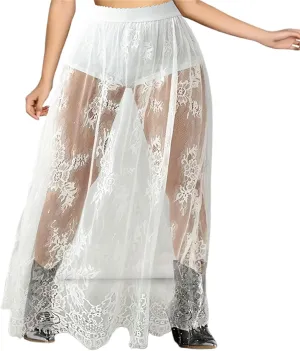 Women Floral Lace Long Skirts Sheer Mesh High Waist Solid Color See-Through Party Midi Skirts with Built-in Shorts