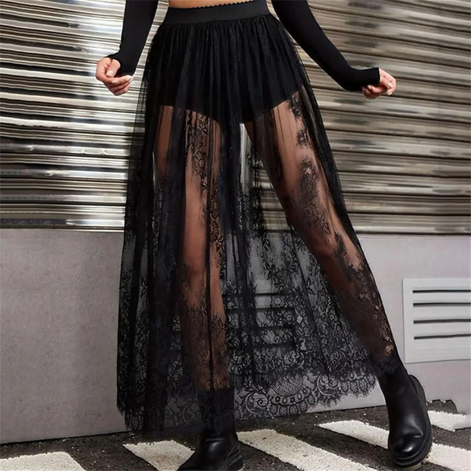 Women Floral Lace Long Skirts Sheer Mesh High Waist Solid Color See-Through Party Midi Skirts with Built-in Shorts